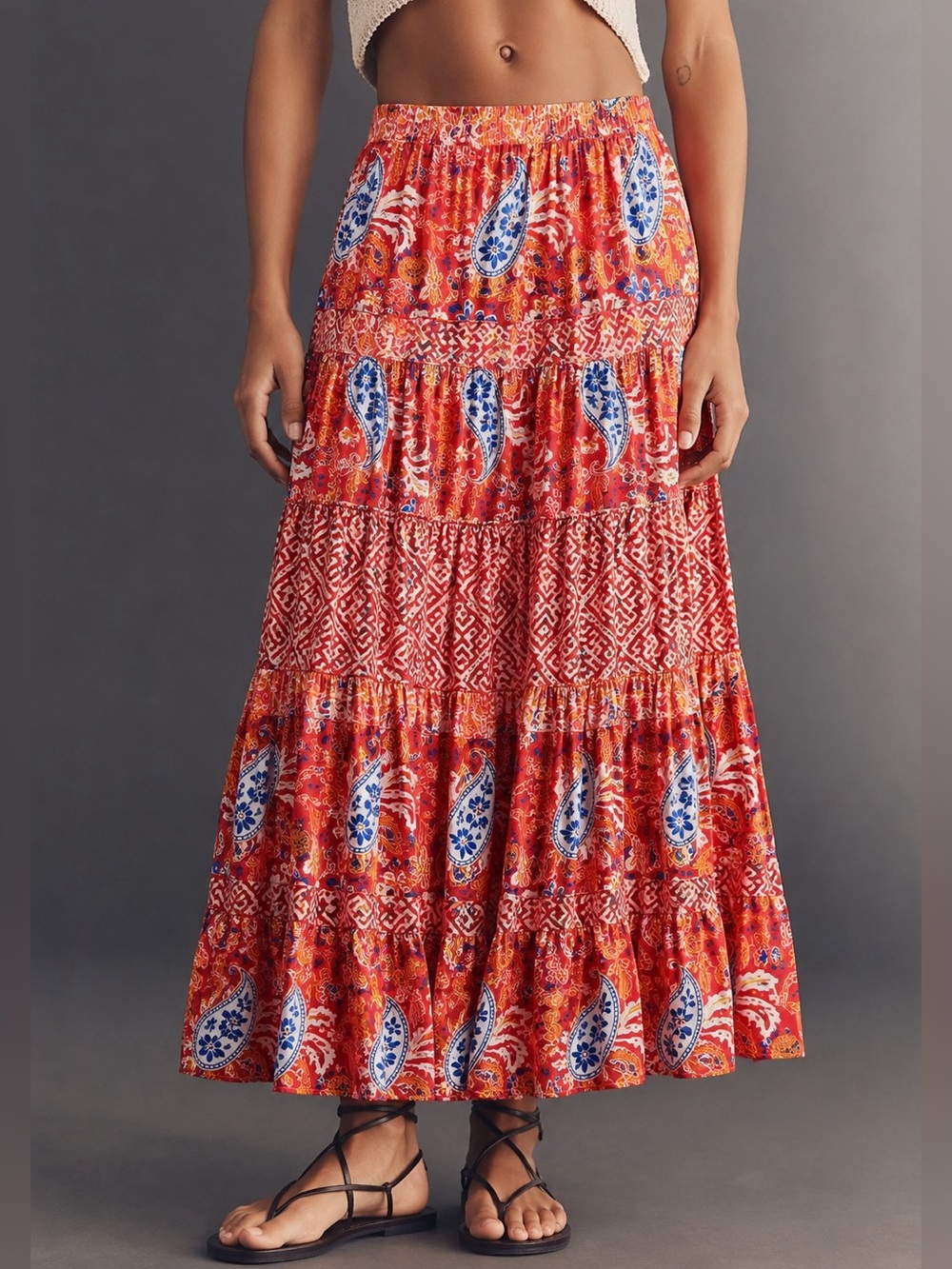 Boho Style & Co Red Paisley Tiered Cotton Maxi Skirt Medium